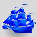 Blue paper sailing ship on gray background