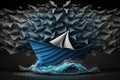 The blue paper ship represents a symbol of leadership among the white