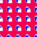 Blue Paper shopping bag icon isolated seamless pattern on red background. Package sign. Vector Royalty Free Stock Photo