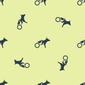 Blue Paralyzed dog in wheelchair icon isolated seamless pattern on yellow background. Vector