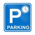 Blue parking sign with clock indicating time limit on white background Royalty Free Stock Photo