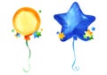 Blue party star-shaped balloon on a blue ribbon and Orange round party balloon on green ribbon. Decorative elements of the stars.