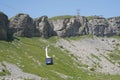 Blue passenger ropeway cabin running to the peak of mountain in Melchsee-Frutt region.