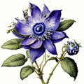 Blue passion flower on a white background. Ink and watercolor drawing AI generated