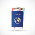 Blue passport with airline tickets. Vacation or business trip