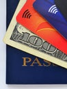 Blue passport, one hundred dollars bill and three different credit cards Royalty Free Stock Photo