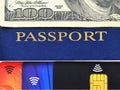 Blue passport, one hundred dollars bill and three different credit cards Royalty Free Stock Photo