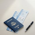 Blue passport and two boarding passes on a light wooden surface. The passport Royalty Free Stock Photo