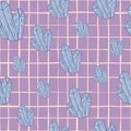 Blue pastel crystal silhouettes seamless doodle pattern. Magic print with purple chequered background