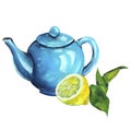 Blue pastel kettle with tasty tea and lemon isolated on white background. Royalty Free Stock Photo