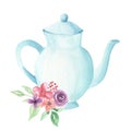 Blue Pastel Teapot Flowers Watercolor Foliage Afternoon Tea Floral Arrangement