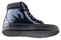 Blue patent leather high boot with black sole, on a white background, bottom view Royalty Free Stock Photo
