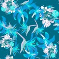 Blue Pattern Background. Azure Seamless Background. Indigo Tropical Leaves. Gray Flower Leaf.