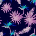 Blue Pattern Design. Indigo Seamless Hibiscus. Pink Tropical Nature. Purple Isolated Nature. Violet Drawing Illustration.