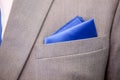 Blue pattern handkerchief close up in grey suit Royalty Free Stock Photo