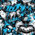 Blue pattern with skulls and graffiti-inspired illustrations (tiled)