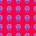 Blue Pause button icon isolated seamless pattern on red background. Vector