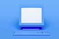 Blue PC with white blank screen isolated on blue background. 3d rendering. Cozy working place. Minimalism