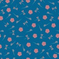 Blue and peach flower and dragonfly, seamless pattern Royalty Free Stock Photo