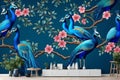 Blue peacock on branch with flowers. Painting for interior home wall. Royalty Free Stock Photo