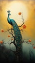 Blue Peacock Perched On Tree: Realistic Fantasy Artwork