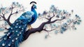 a blue peacock sitting on a tree branch