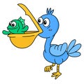 Blue pelicans carry fish in their beaks, doodle kawaii. doodle icon image