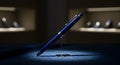 Blue Pen Displayed on Dark Surface in Showcase with Background Shelves Royalty Free Stock Photo