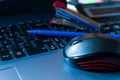 Blue pen, mouse on focus on laptop keyboard, Royalty Free Stock Photo