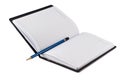 Blue pencil on black leather moleskin notebook Royalty Free Stock Photo