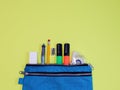 Blue pencil case with accessories. Royalty Free Stock Photo