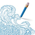 Blue pencil with eraser draws a pattern