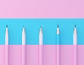 Blue Pencil Extract Out From Crowd Of Plenty Identical Pink Fellows On Pink Pastel Background. Minimal Creative Concept. Leadershi