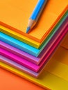 A blue pencil resting on a stack of colorful paper sheets. Royalty Free Stock Photo