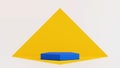 Blue Pentagon podium with yellow pyramid shape perspective wall and floor, 3D rendering