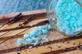 Blue bath salts and lavender Royalty Free Stock Photo