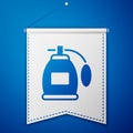 Blue Perfume icon isolated on blue background. White pennant template. Vector