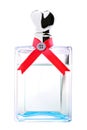 Blue perfume with red ribbon and heart shaped lid Royalty Free Stock Photo