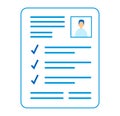 Blue personal document with photo and check marks. Resume or application form with approvals. Employment and