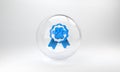 Blue Pet award symbol icon isolated on grey background. Badge with dog or cat paw print and ribbons. Medal for animal Royalty Free Stock Photo