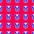 Blue Pet award symbol icon isolated seamless pattern on red background. Badge with dog or cat paw print and ribbons Royalty Free Stock Photo