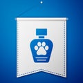 Blue Pet shampoo icon isolated on blue background. Pets care sign. Dog cleaning symbol. White pennant template. Vector Royalty Free Stock Photo