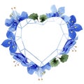 Blue phacelia flower. Watercolor background. Frame floral heart. Geometric crystal stone polyhedron mosaic shape.