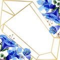 Blue phacelia flower. Watercolor background. Frame golden crystal. Geometric crystal stone polyhedron.