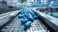 Blue pharmaceutical capsules on manufacturing line in production facility