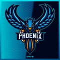 Blue Phoenix grab text esport and sport mascot logo design in modern illustration concept for team badge, emblem and thirst