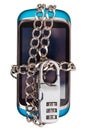 Blue phone chained and closed by combination lock
