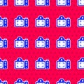 Blue Photo camera icon isolated seamless pattern on red background. Foto camera. Digital photography. Vector Royalty Free Stock Photo