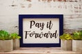 Blue Photo Frame with Pay It forward written and small cactus decoration on wooden background
