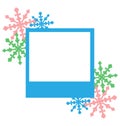 Blue photo frame with snowflakes isolated on white
